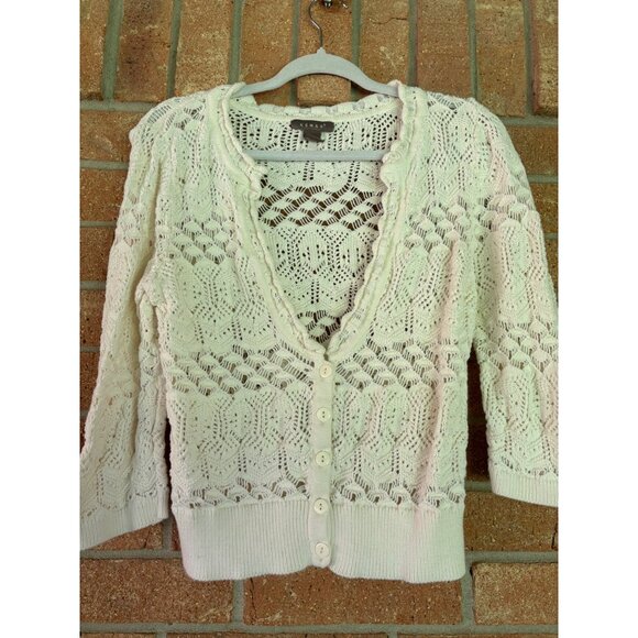 Kenar Womens Open Knit Ivory Cardigan Sweater Cotton Button Front - Picture 3 of 8